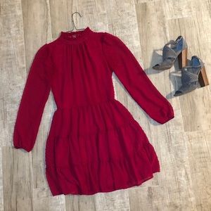 Red polka dot mini dress with sheer sleeves